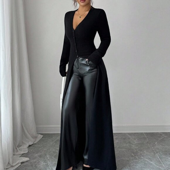 Black Elegant Casual Women's Long Length Slim Fit Knit Cardigan - Picture 5 of 7